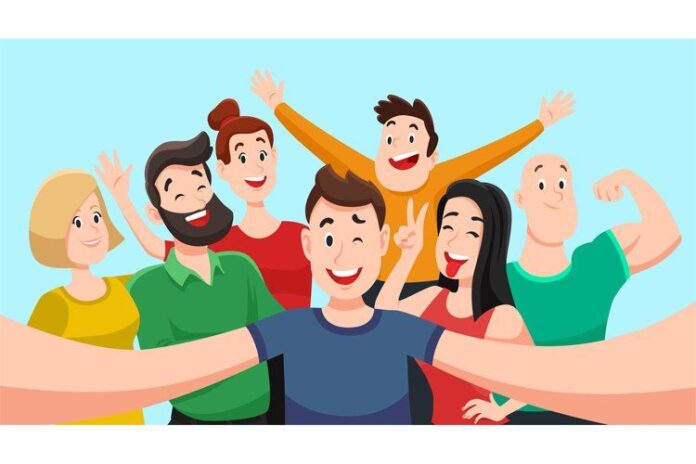 People group selfie_ Friendly guy makes group photo with smi (982566) _ Characters _ Design Bundles